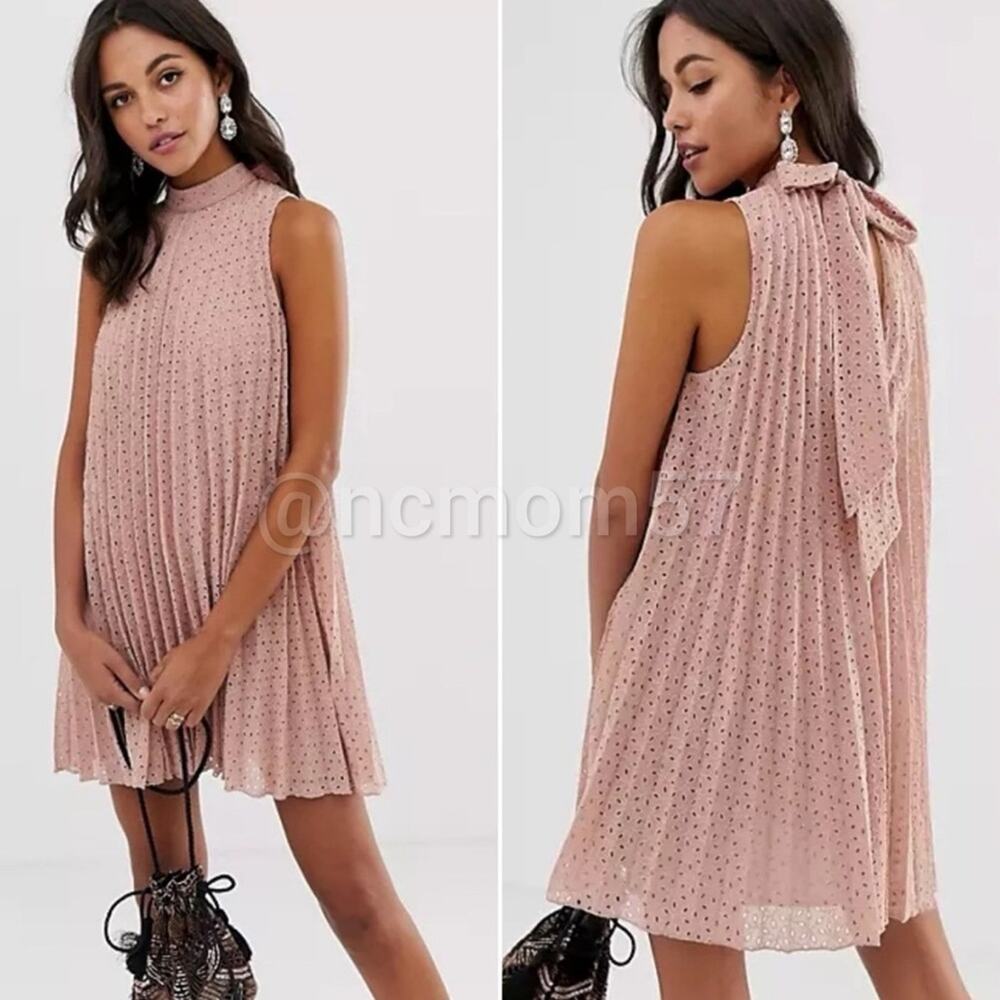 NWT ASOS Dusty Rose Eyelet Pleated Swing Dress